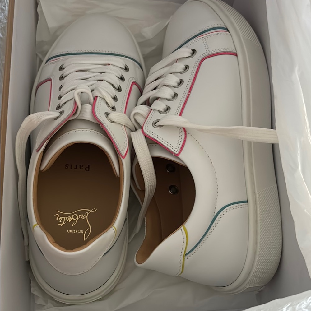 Christian Louboutin White Sneakers with Pink, Blue, and Yellow Trim